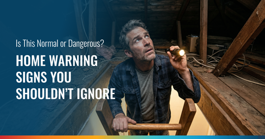 A man with a flashlight inspects a dark attic. Learn about critical home warning signs. Is This Normal or Dangerous? HOME WARNING SIGNS YOU SHOULDN'T IGNORE.