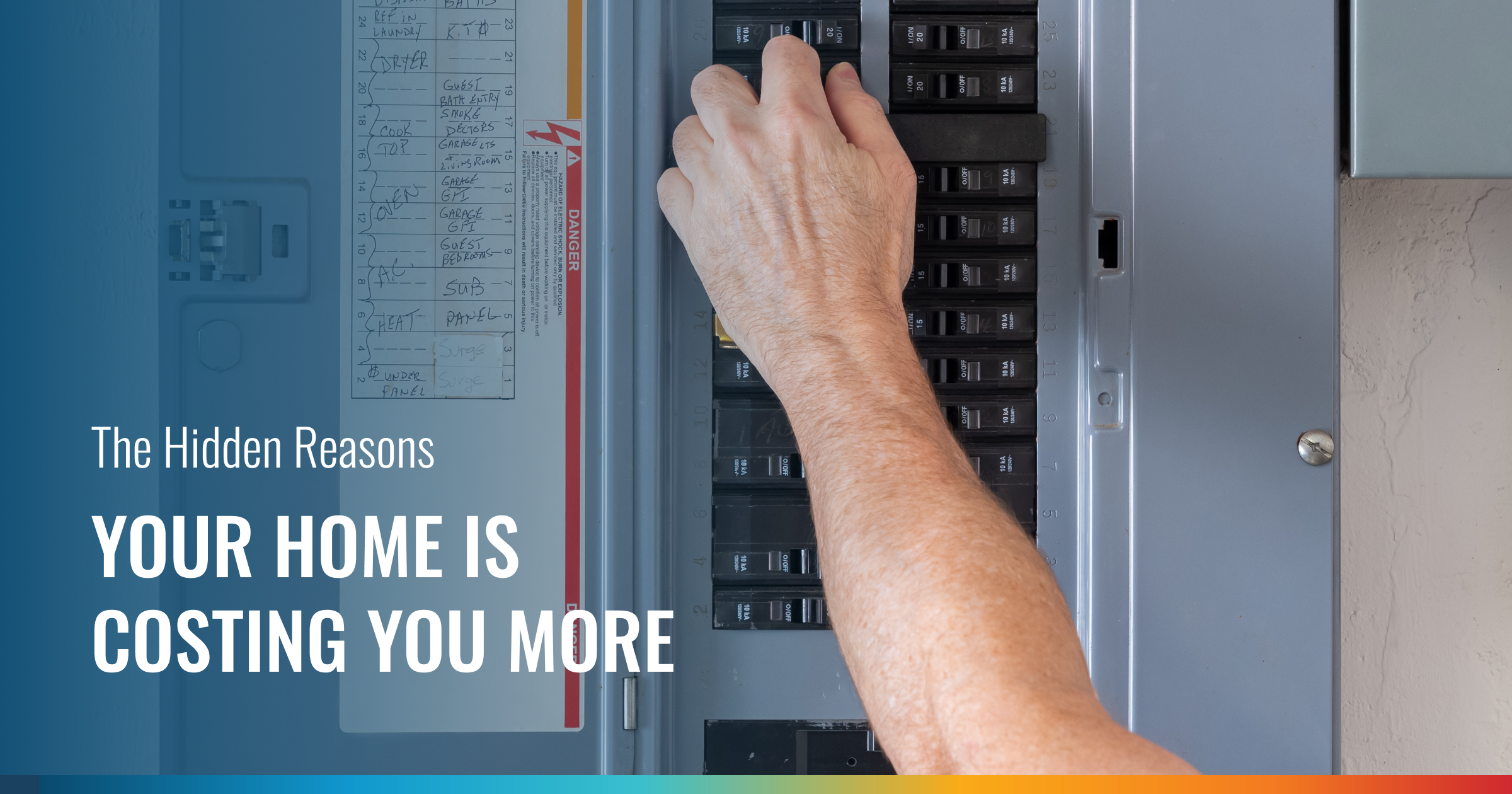 A hand flips a circuit breaker within a home's electrical panel. Text on the image reads: "The Hidden Reasons YOUR HOME IS COSTING YOU MORE."